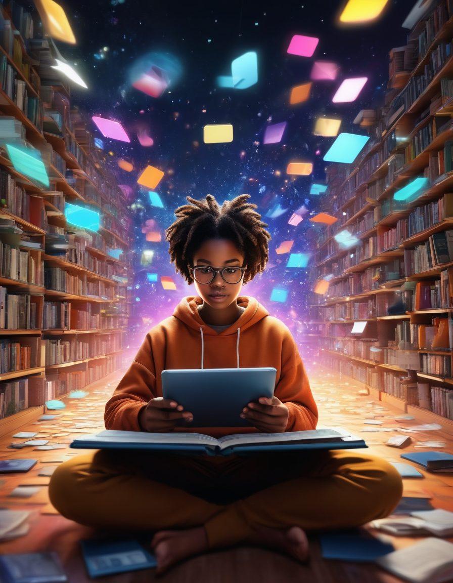 A vibrant digital library overflowing with colorful e-books, featuring people of diverse backgrounds reading on various devices like tablets and e-readers. The scene captures an engaging online book community atmosphere through chat bubbles, virtual book discussions, and playful graphics of book covers swirling around. Glowing screens illuminate the eager faces of readers, emphasizing connection and exploration in the digital age. super-realistic. vibrant colors. 3D.