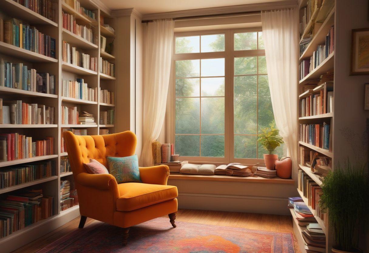 A cozy reading nook featuring an inviting armchair surrounded by shelves filled with colorful books from various genres. Soft, warm lighting creates a tranquil atmosphere, while a steaming cup of tea rests on a side table. A window shows a serene garden view, symbolizing the journey through literature. Book pages flutter gently in the breeze, inviting exploration and discussion. super-realistic. vibrant colors. warm lighting.