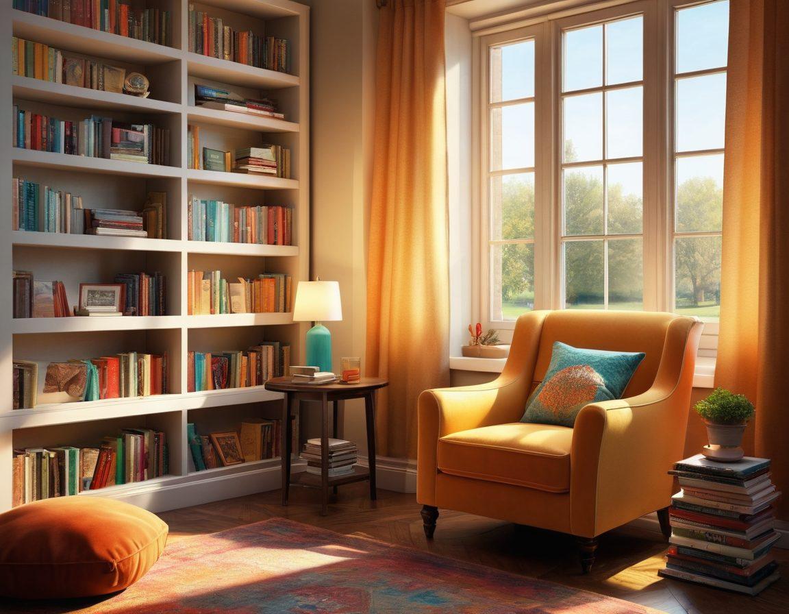 A cozy reading nook featuring a comfortable armchair with a digital tablet displaying an array of colorful book covers. Sunlight streams through a window illuminating shelves filled with both physical and digital books, while a steaming cup of tea sits on a small table. Incorporate elements like a bookshelf, ambient lighting, and soft decorative pillows. super-realistic. warm colors. inviting atmosphere.